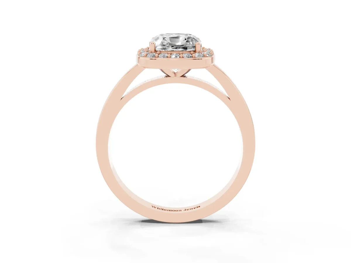 Cushion Cut Halo Diamond Ring with Solitaire Band and Prong Setting Rose gold