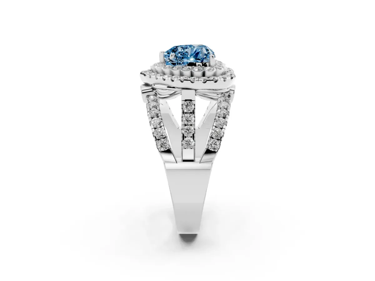 Fancy Blue Heart Cut Diamond Double Halo Ring with Round Pavé Split Shank and Prong Setting Silver