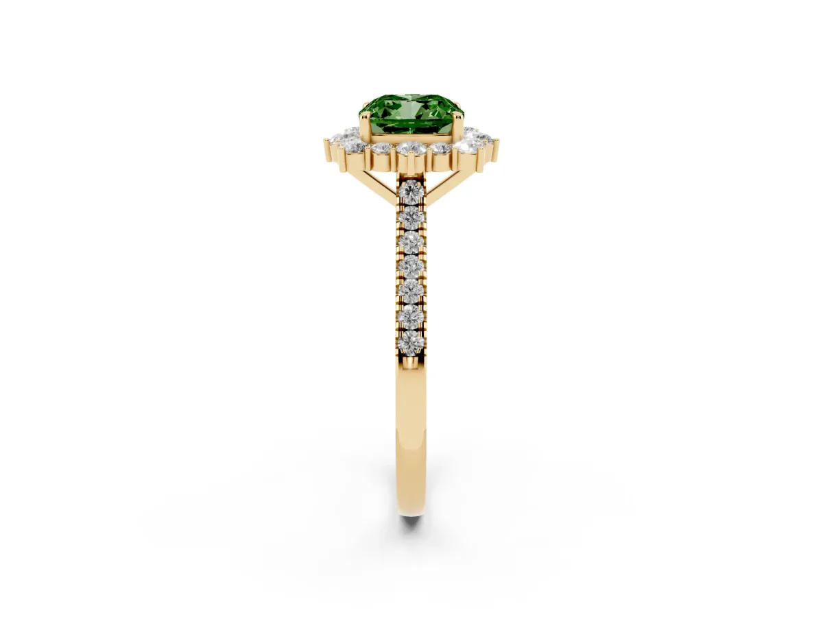Fancy Green Cushion Cut Halo Diamond Ring with Pavé Band and Prong Setting Yellow gold