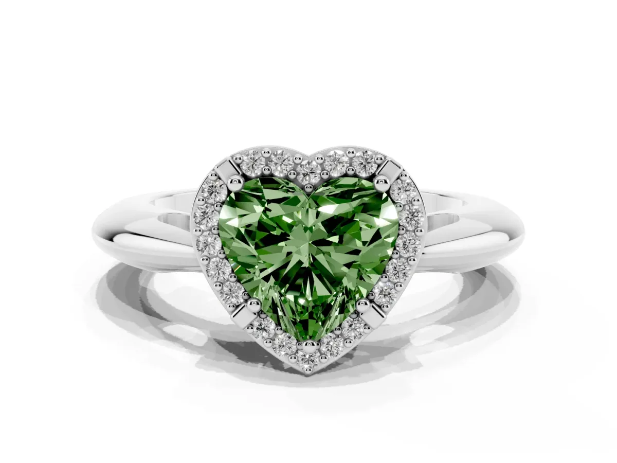 Fancy Green Heart Cut Cut Diamond Halo Engagement Ring with Split Shank and Four-Prong Setting Silver