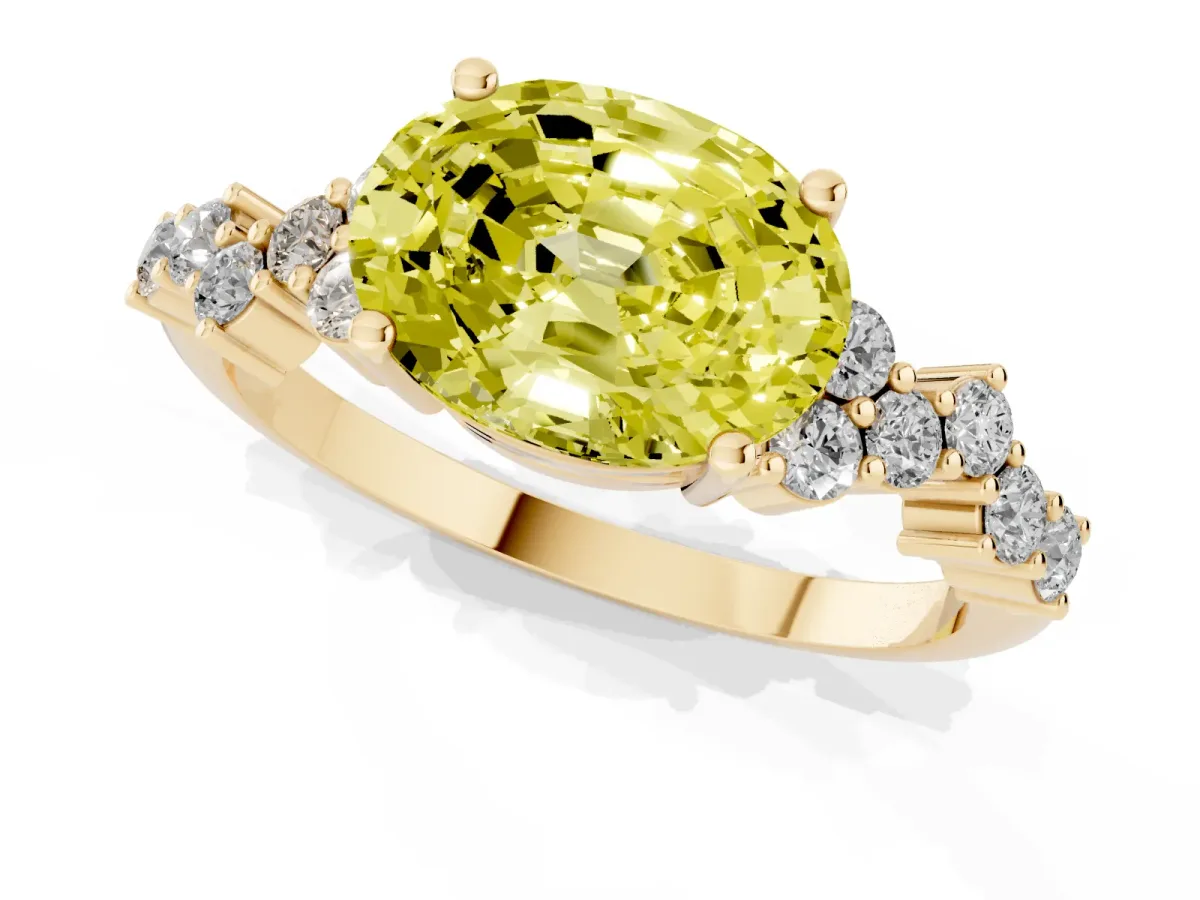 Fancy Yellow Oval Cut Diamond Scattered Round Accent Ring with Prong Setting Yellow gold