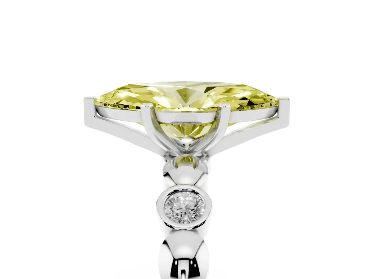 Fancy Yellow Marquise Cut Solitaire Bezel-Set Diamond Ring with Beaded Band and Four-Prong Setting Silver