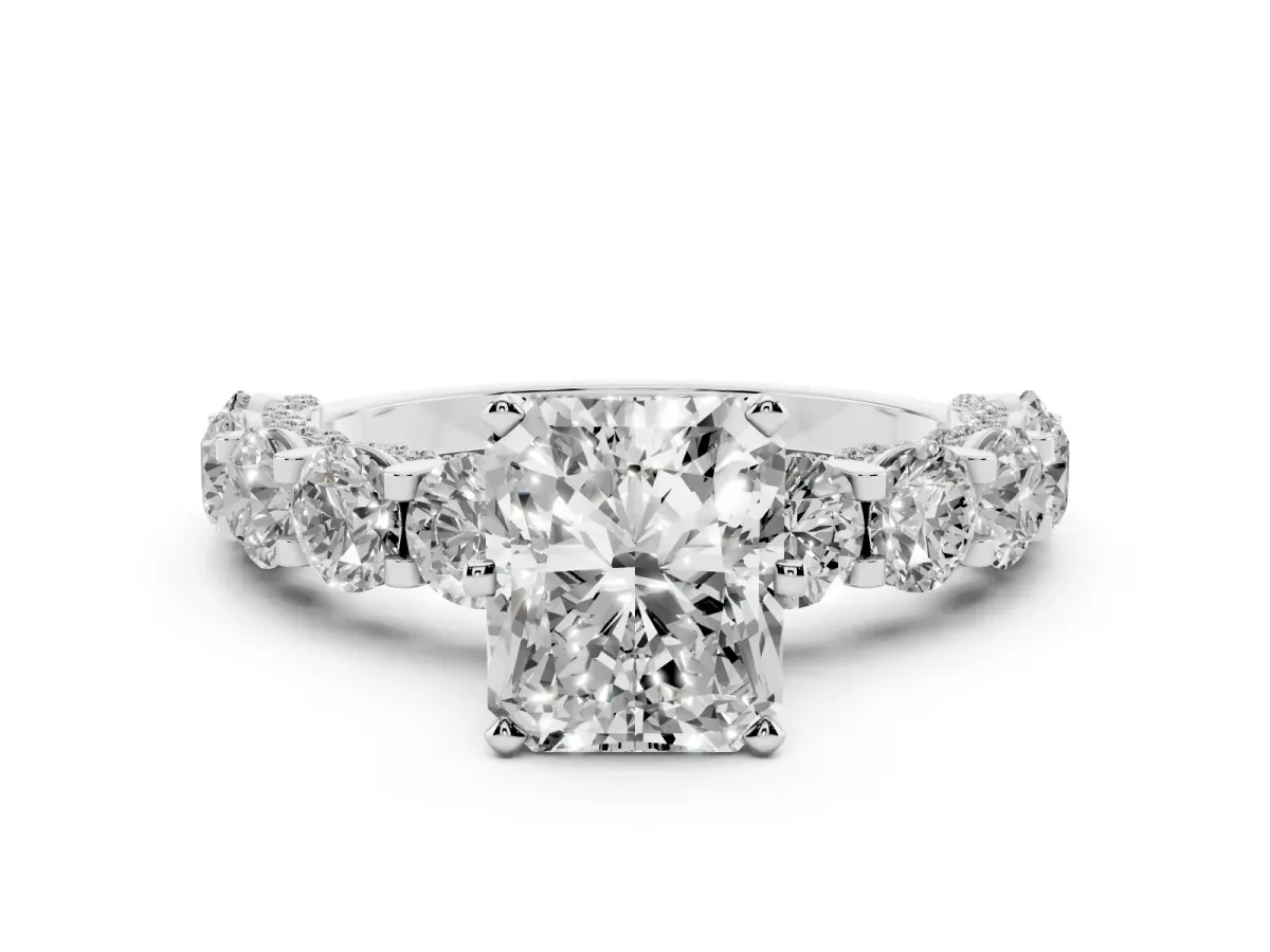 Radiant Cut Diamond Side Stone Engagement Ring with Four-Prong Setting Silver