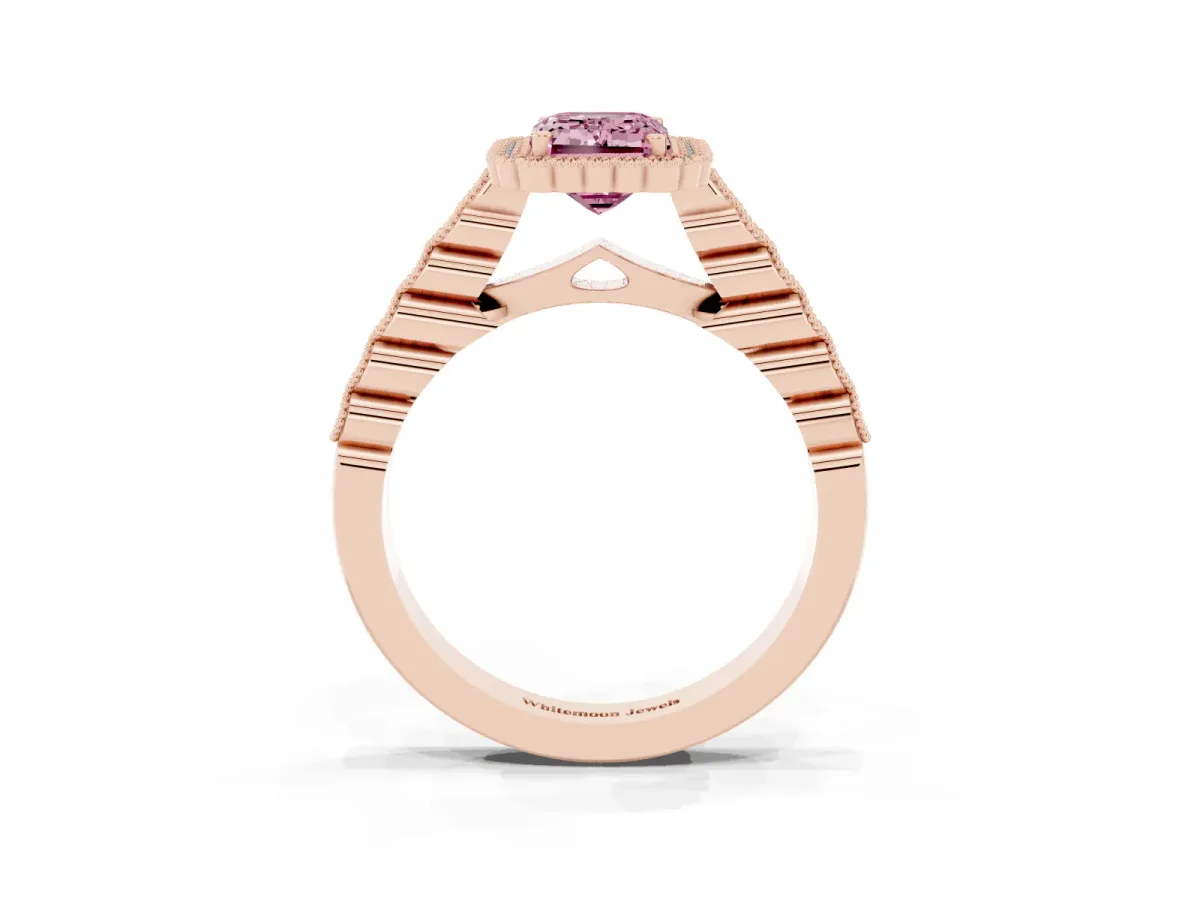 Fancy Pink Emerald Cut Cut Halo Pavé Solitaire Ring with Milgrain Band Rose gold