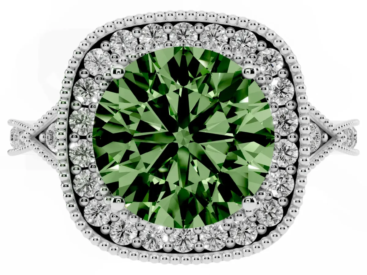 Fancy Green Round Cut Halo Round Diamond Milgrain Pave Engagement Ring Silver