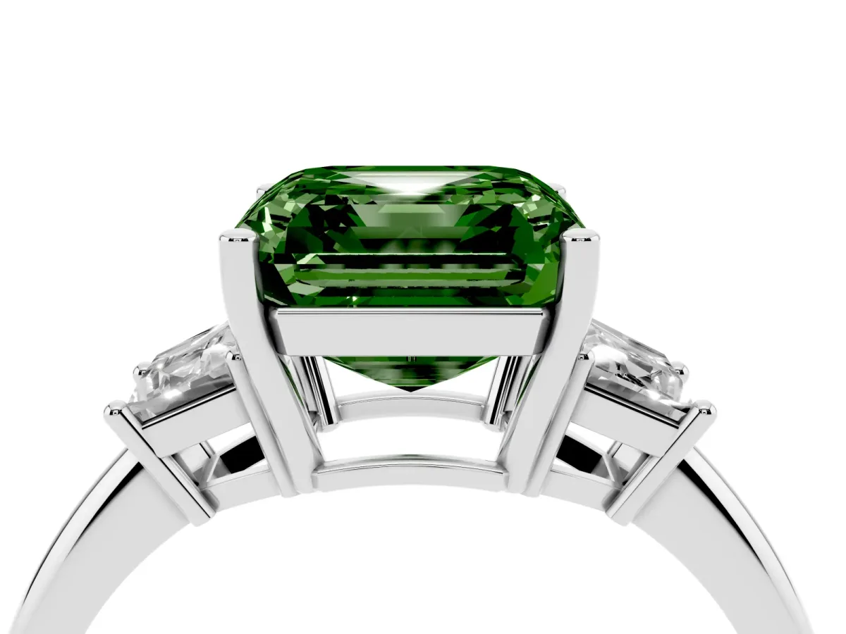 Fancy Green Asscher Cut Diamond Three-Stone Ring with Trapezoid Side Stones and Prong Setting Silver