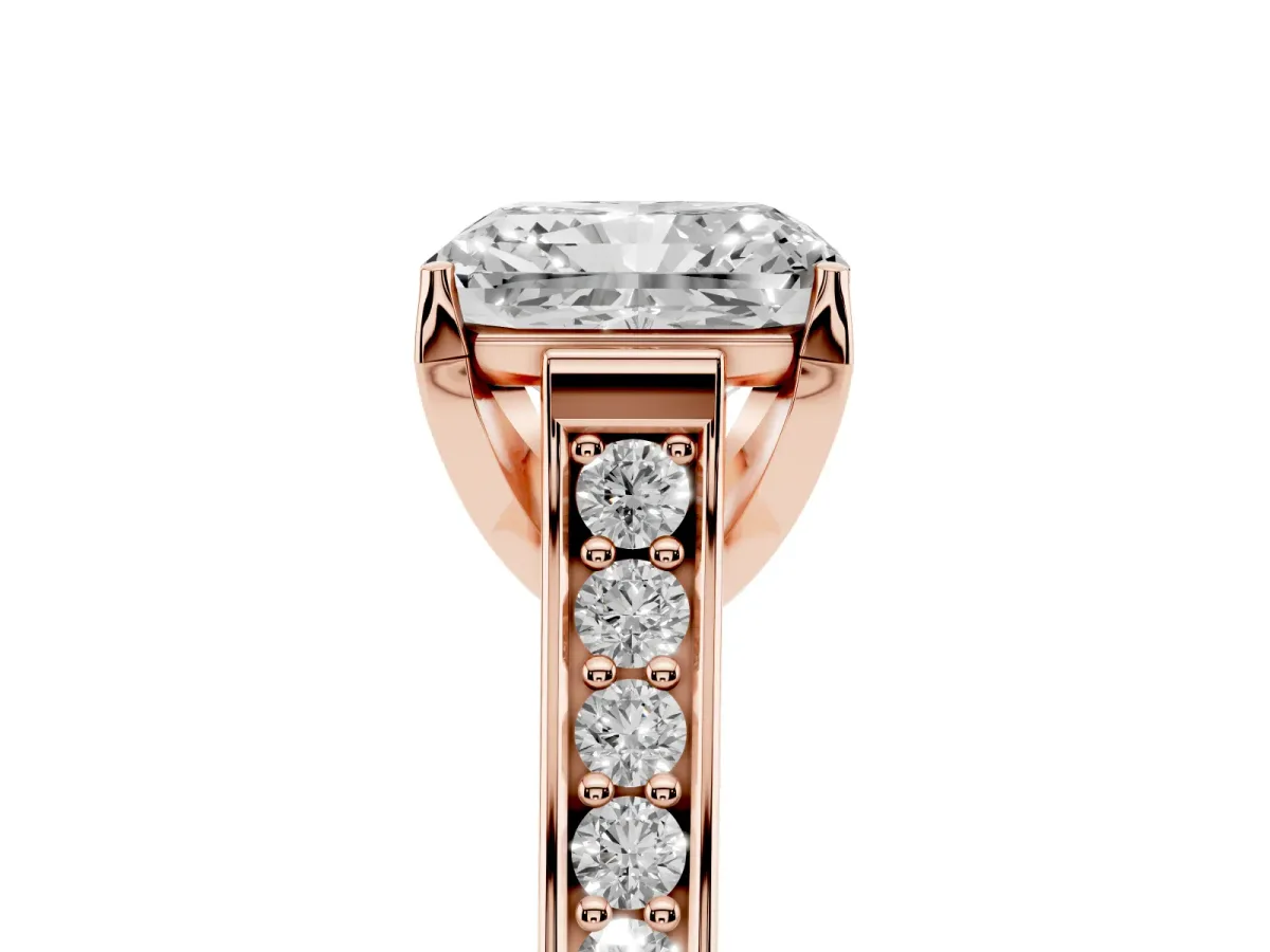 Radiant Cut Brilliant Cut Diamond Engagement Ring with Pavé Band and Four-Prong Setting Rose gold