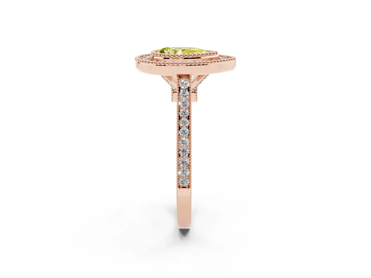 Fancy Yellow Pear Cut Diamond Halo Ring with Milgrain Frame and Pavé Band Rose gold