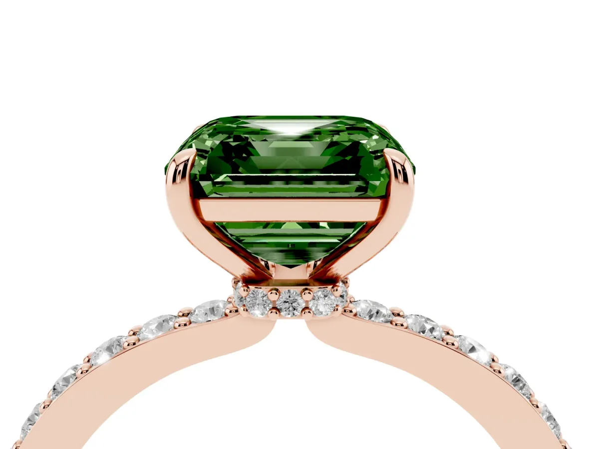 Fancy Green Asscher Cut Diamond Solitaire Engagement Ring with Pavé Band and Four-Prong Setting Rose gold