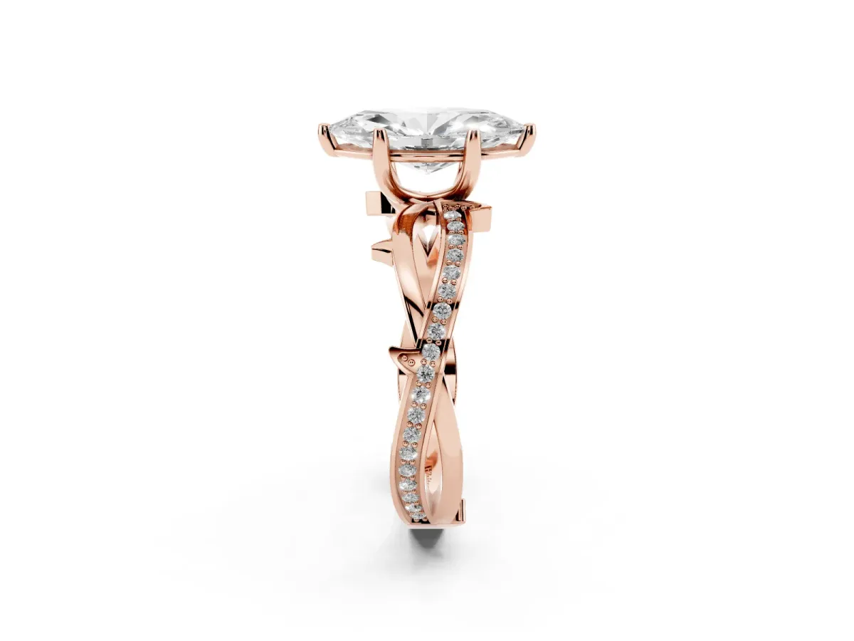 Marquise Cut Solitaire Twist Band with Pavé Accents and Four-Prong Setting Rose gold