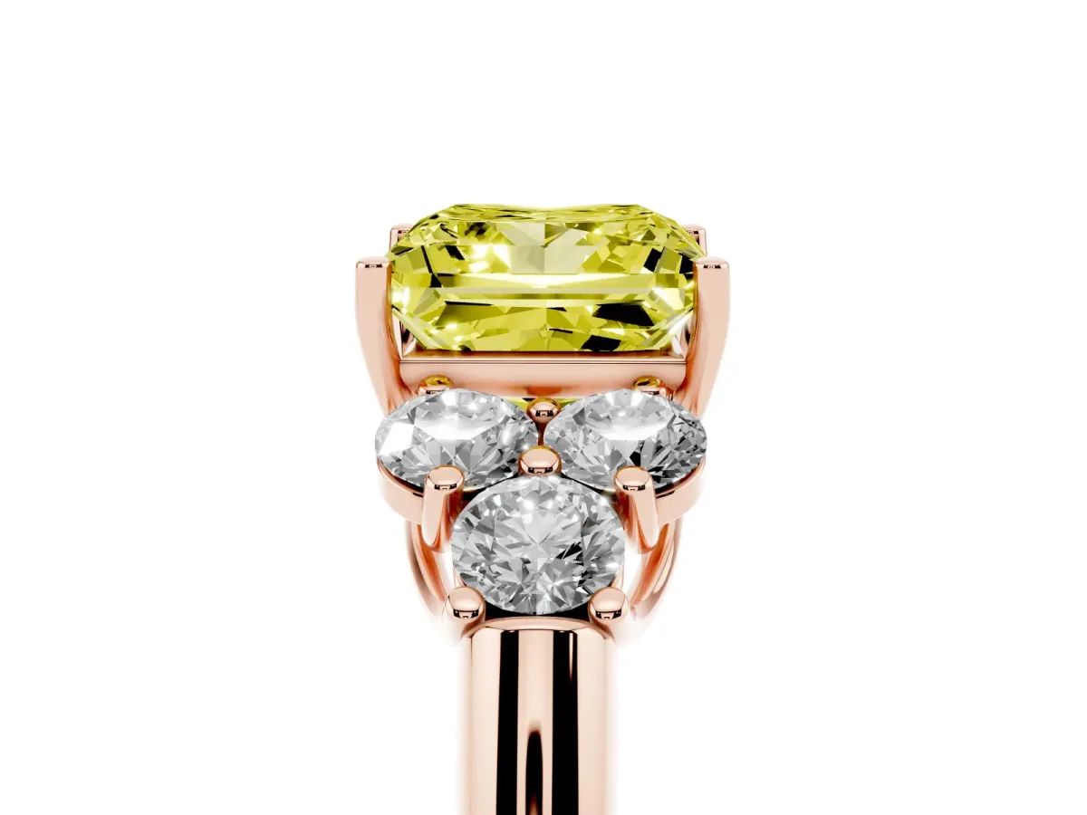 Fancy Yellow Princess Cut Cut Diamond Cluster Ring with Round Accent Stones and Prong Setting on a Classic Band Rose gold
