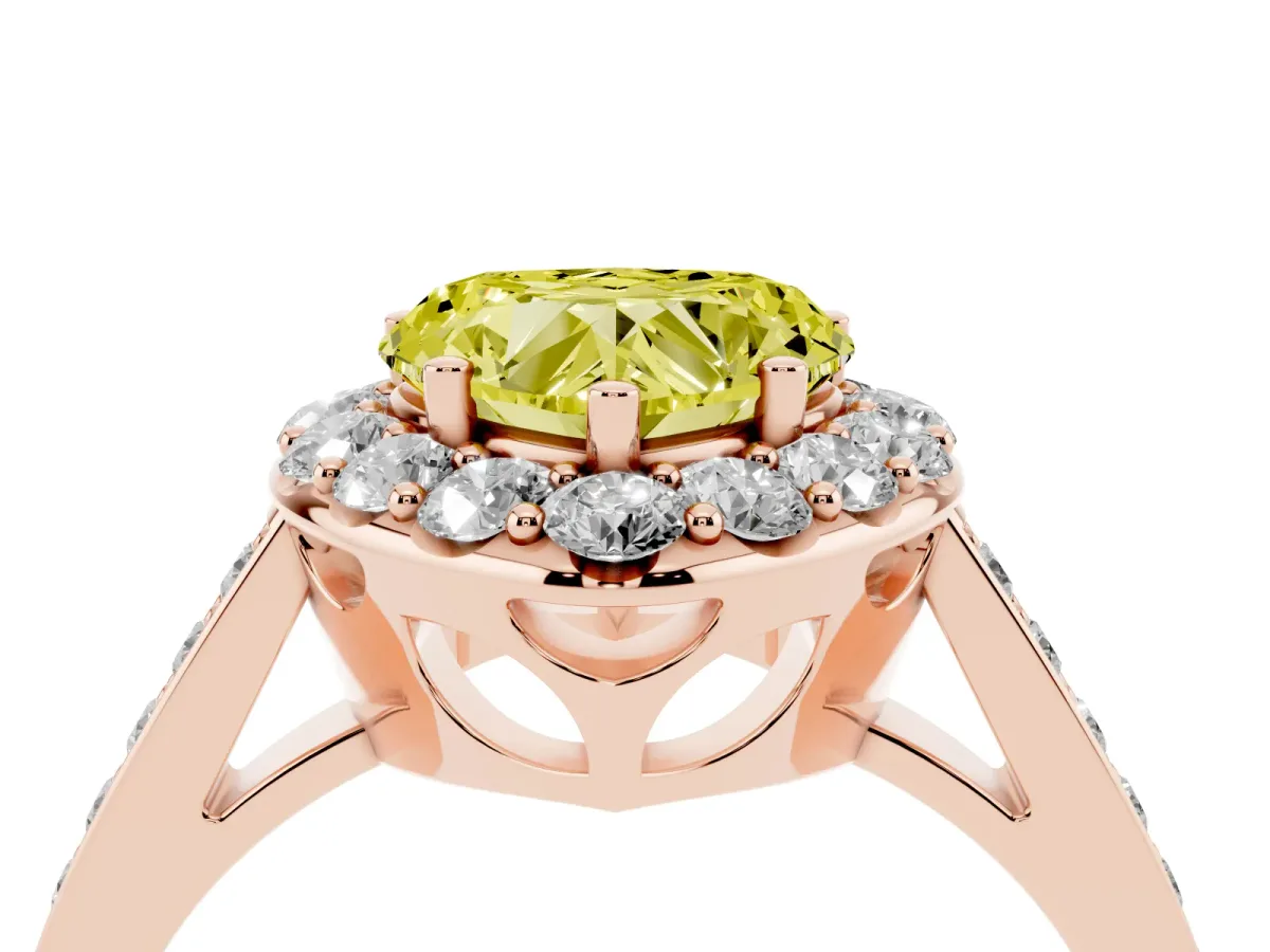 Fancy Yellow Heart Cut Diamond Floral Halo Ring with Pavé Band and Prong Setting Rose gold