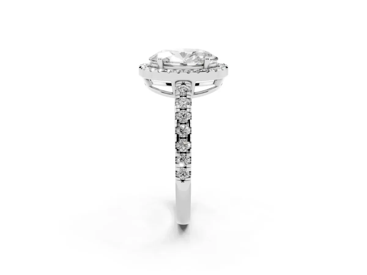 Oval Cut Diamond Halo Ring with Pavé Band and Four-Prong Setting Platinum