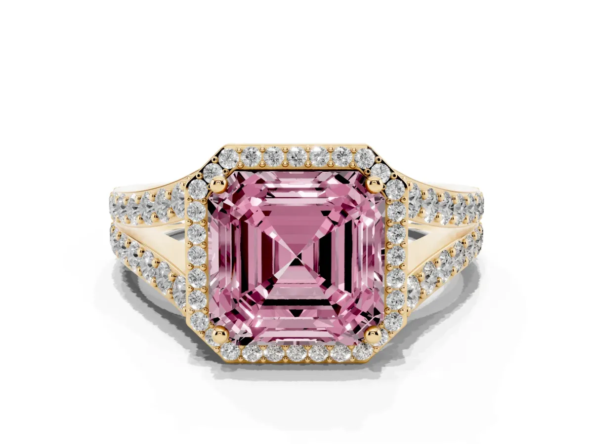 Fancy Pink Asscher Cut Diamond Split Shank Halo Ring with Four-Prong Setting Yellow gold