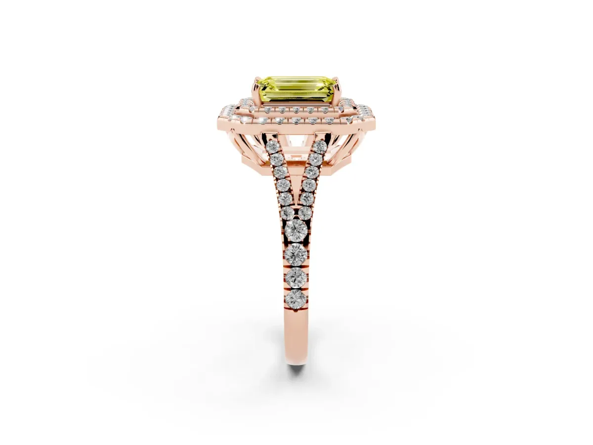 Fancy Yellow Emerald Cut Diamond Double Halo Ring with Pavé Band and Prong Setting Rose gold