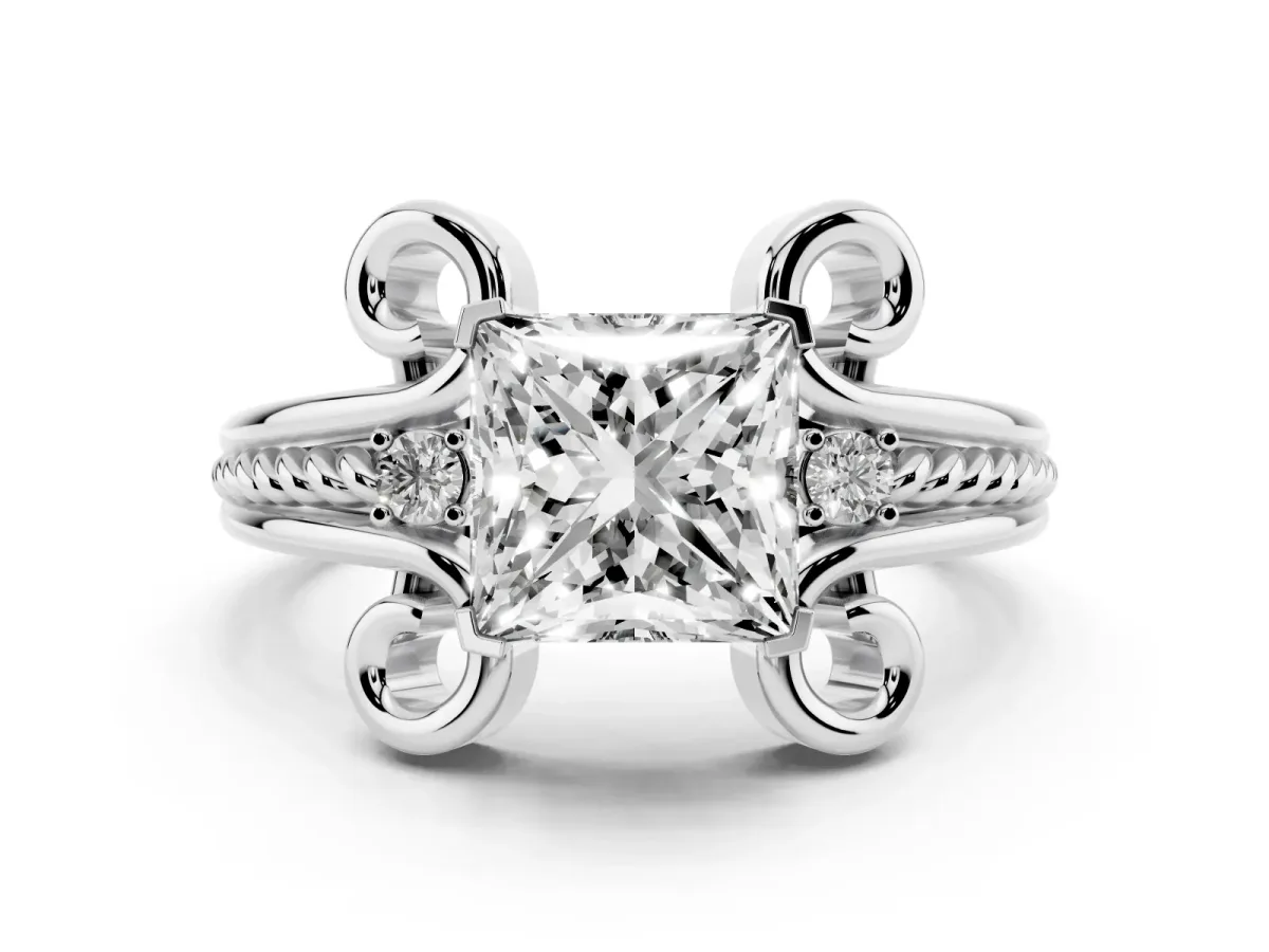 Princess Cut Solitaire Twisted Band Scroll Prong Ring Silver