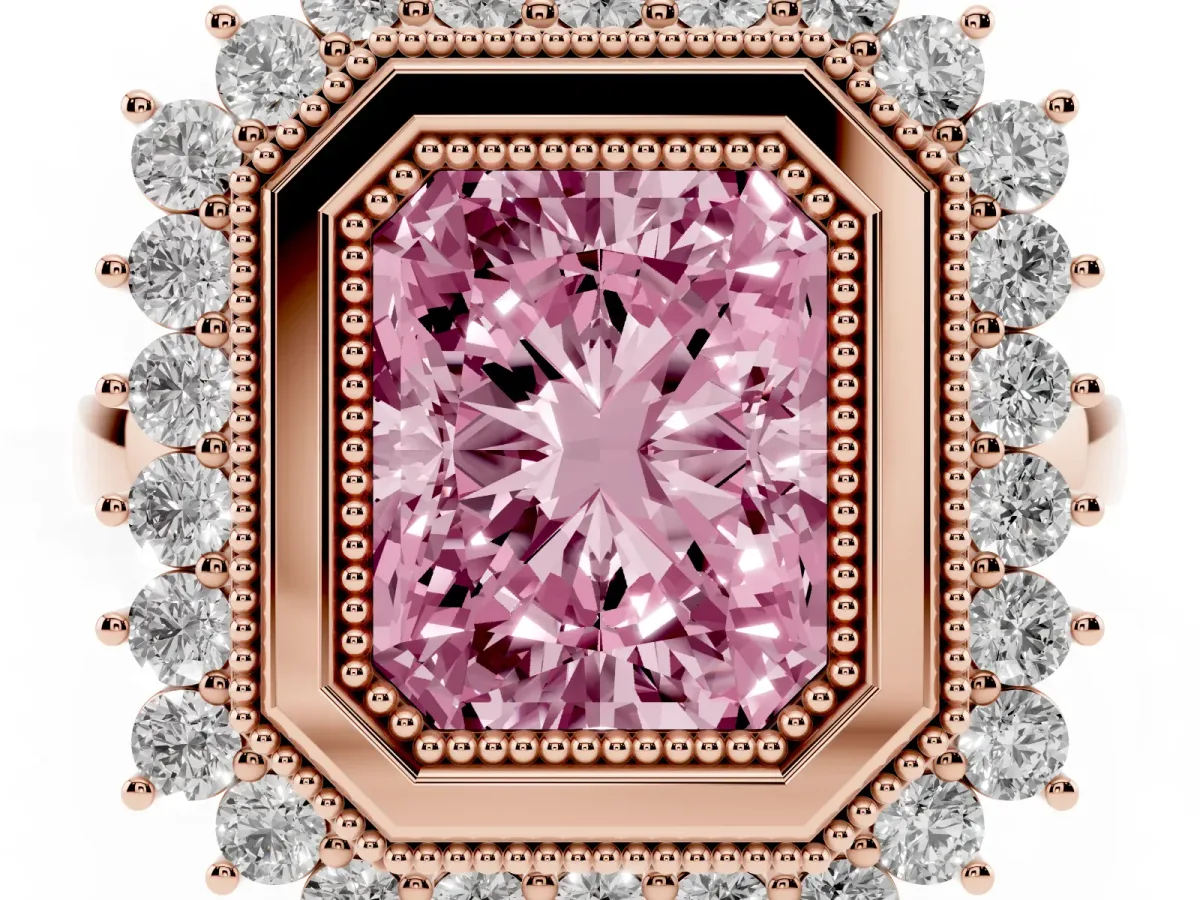 Fancy Pink Radiant Cut Halo Diamond Ring with Milgrain Edge and Round Prong Setting Rose gold