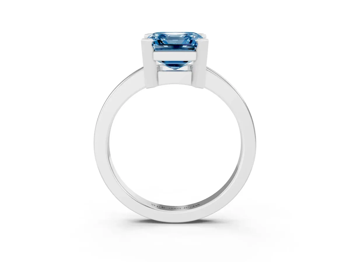 Fancy Blue Asscher Cut Cut Solitaire Ring with Four-Prong Setting and Classic Band Silver