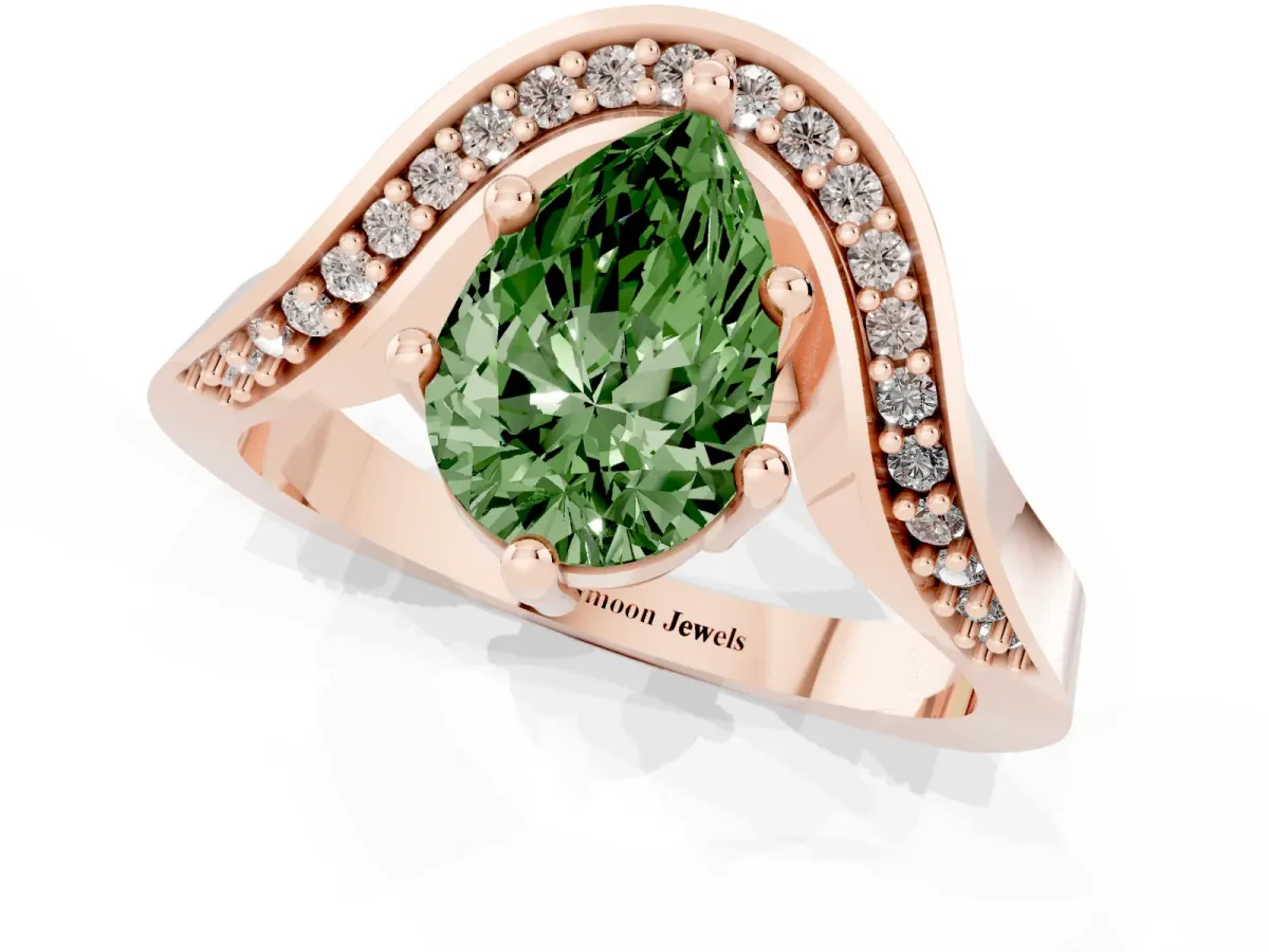 Fancy Green Pear Cut Solitaire Diamond Engagement Ring with Pave Band and Four-Prong Setting Rose gold