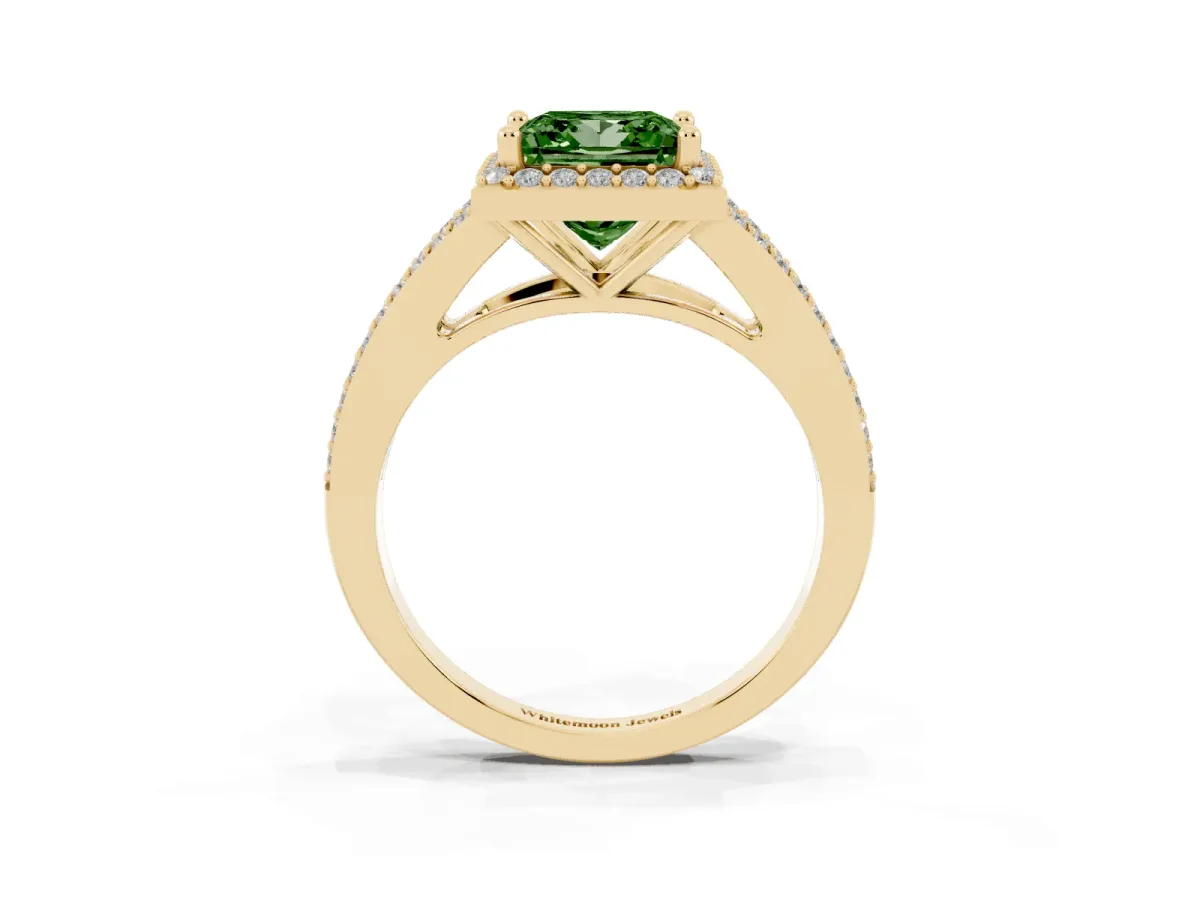 Fancy Green Princess Cut Halo Split Shank Diamond Ring with Prong Setting Yellow gold