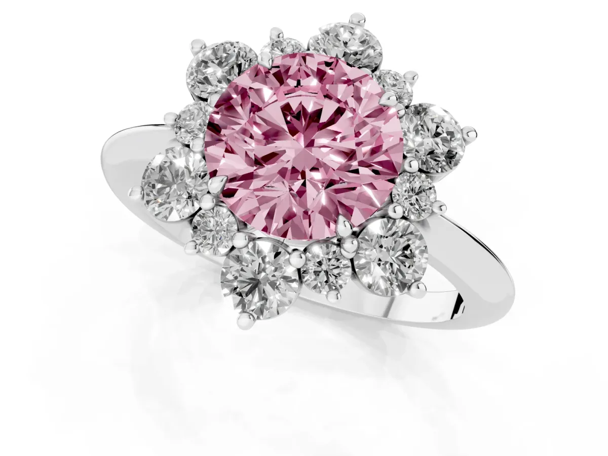 Fancy Pink Round Cut Diamond Cluster Halo Ring with Solitaire Band and Four-Prong Setting Silver