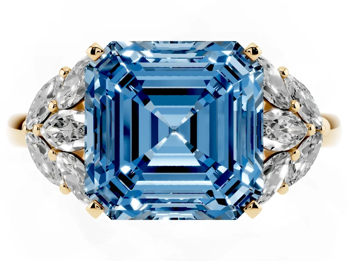 Fancy Blue Asscher Cut Diamond Cluster Leaf Design Ring with Prong Setting Yellow gold