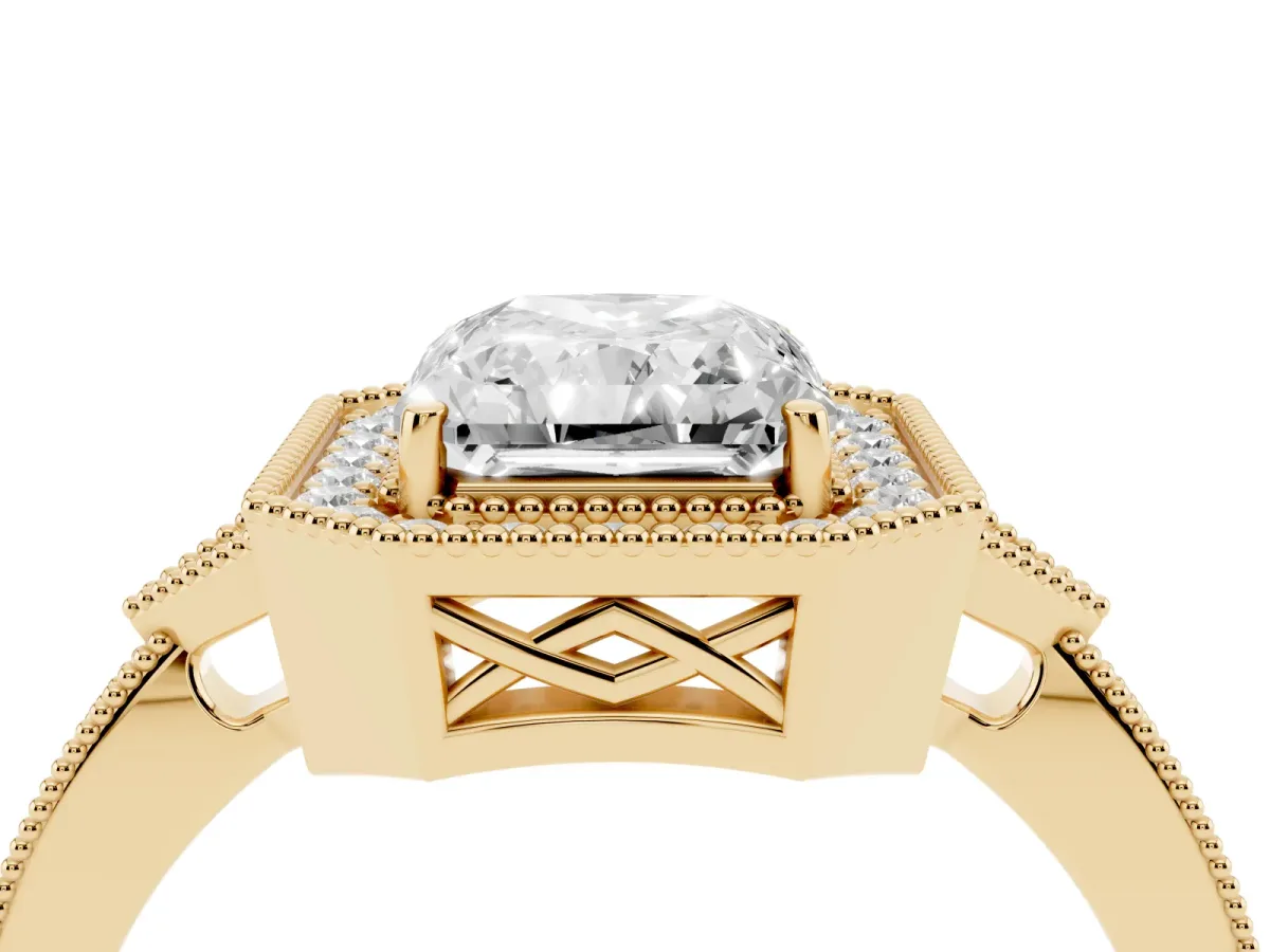 Radiant Cut Halo Round Diamond Milgrain Pave Engagement Ring Yellow gold