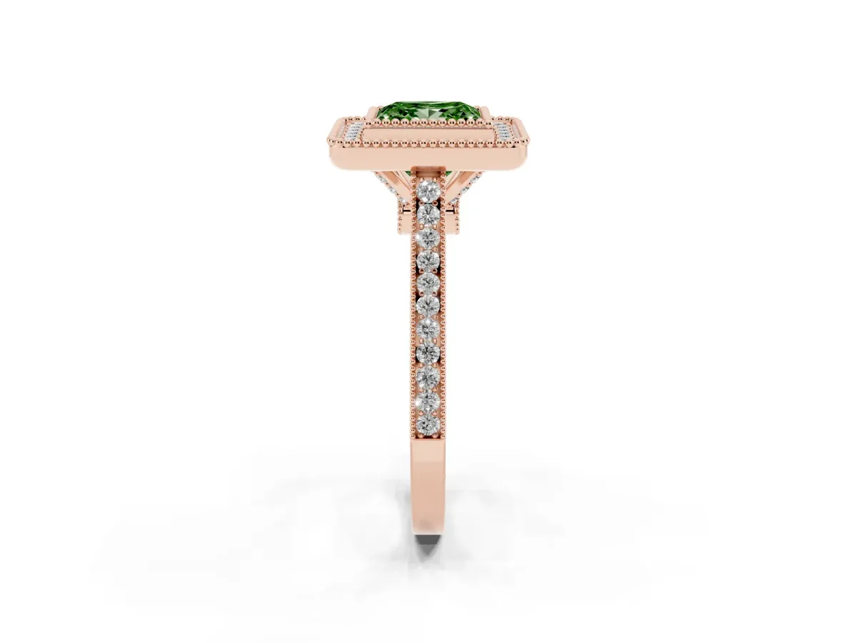 Fancy Green Princess Cut Diamond Halo Ring with Milgrain Frame and Pavé Band Rose gold