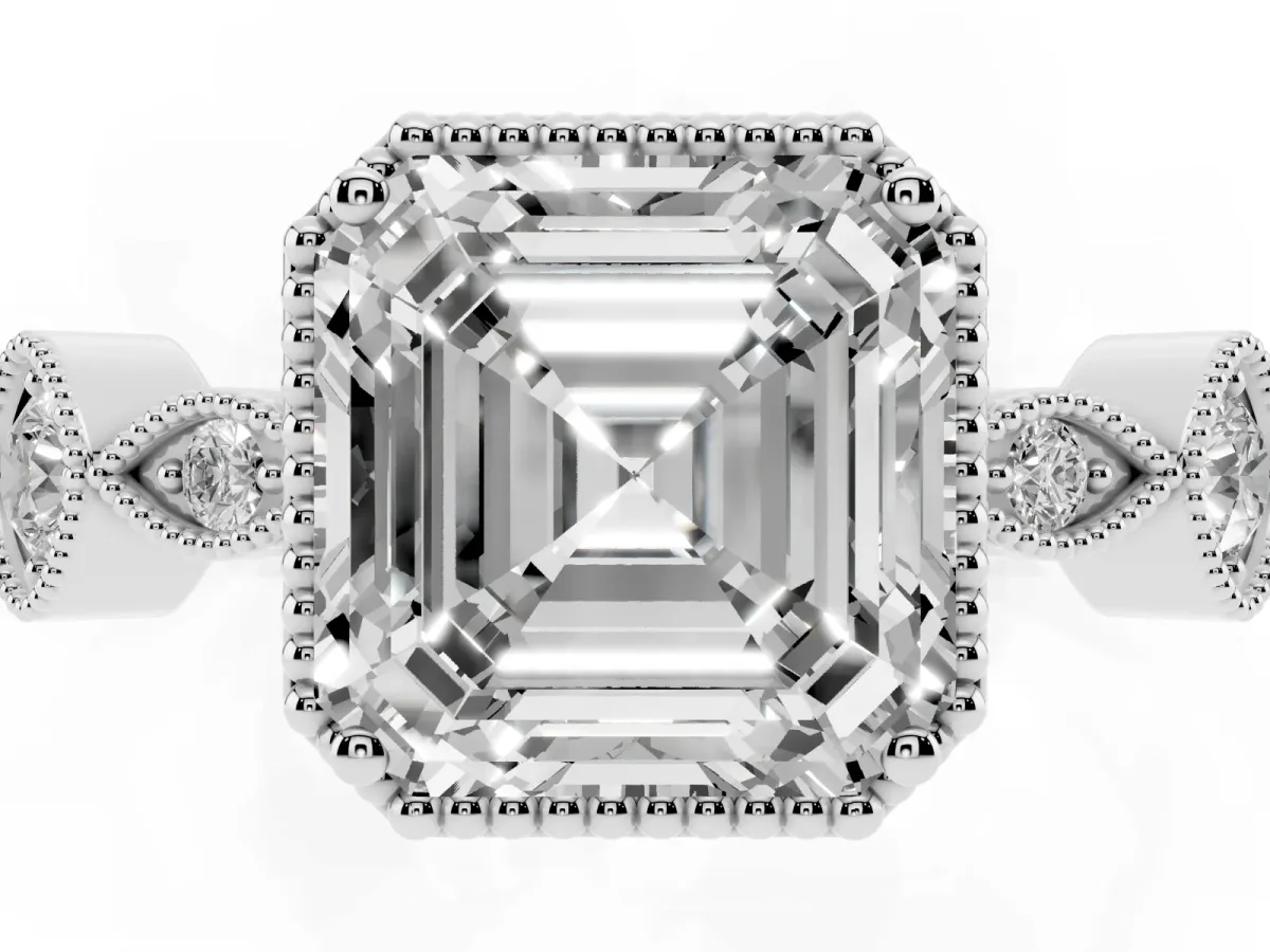 Asscher Cut Diamond Vintage Milgrain Ring with Round Stations Platinum