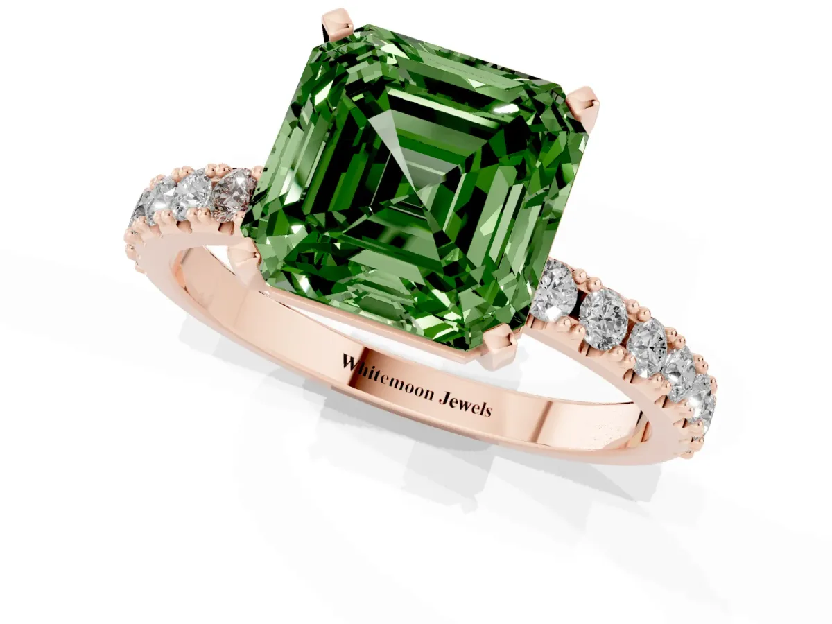 Fancy Green Asscher Cut Diamond Solitaire Pavé Band with Four-Prong Setting Rose gold