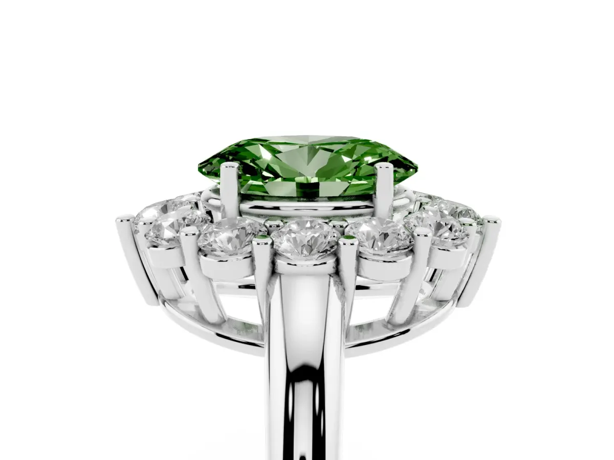 Fancy Green Oval Cut Halo Cluster Diamond Engagement Ring with Prong Setting and Polished Band Platinum