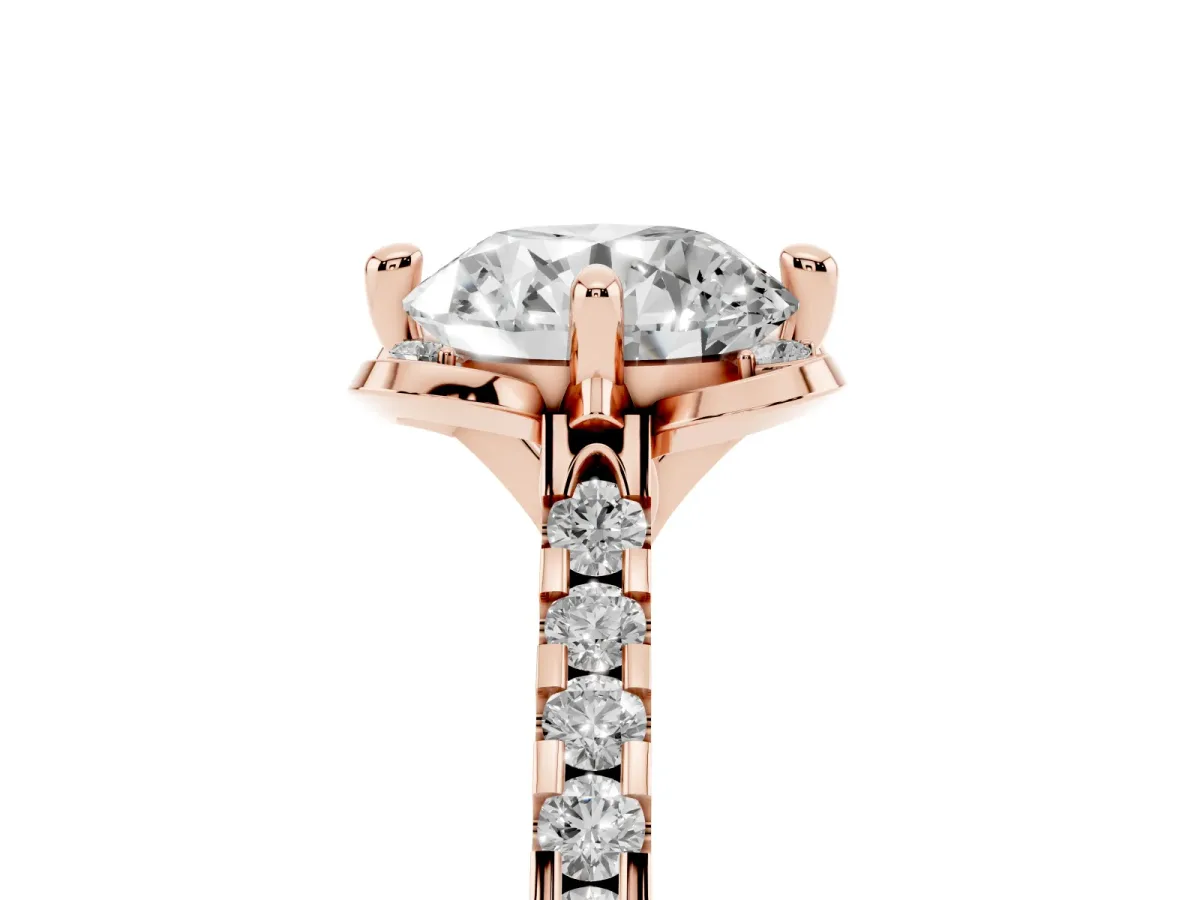 Round Cut Diamond Ring with Pavé Band and Floral Prong Setting Rose gold