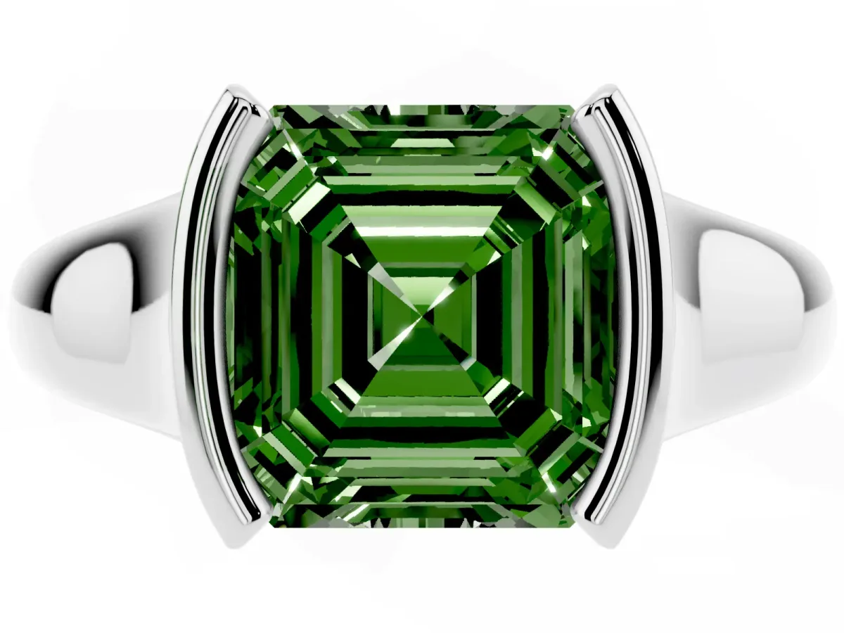Fancy Green Asscher Cut Solitaire Tension Set Diamond Ring with Split Shank Band Silver