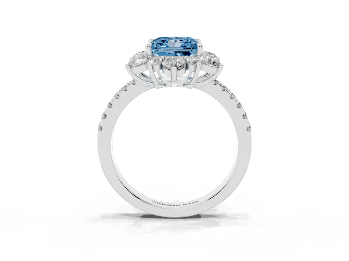 Fancy Blue Princess Cut Diamond Floral Halo Ring with Round Pavé Band and Prong Setting White gold