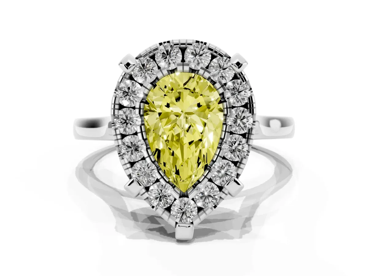 Fancy Yellow Pear Cut Diamond Cluster Halo Solitaire with Four-Prong Setting Silver