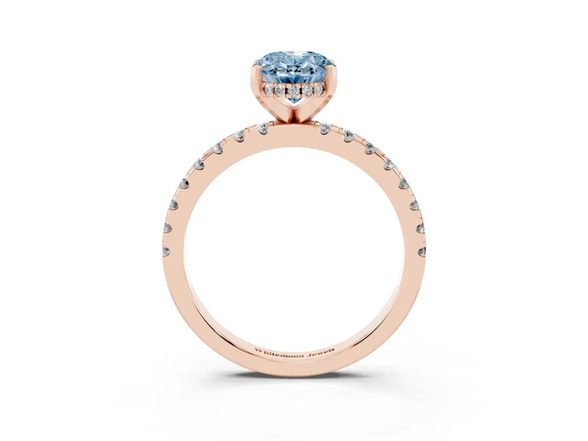 Fancy Blue Oval Cut Diamond Solitaire Ring with Round Pavé Band and Four-Prong Setting Rose gold