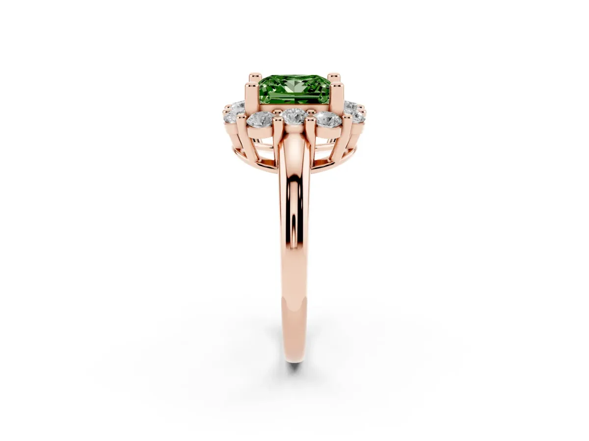Fancy Green Princess Cut Halo Cluster Diamond Engagement Ring with Prong Setting and Polished Band Rose gold
