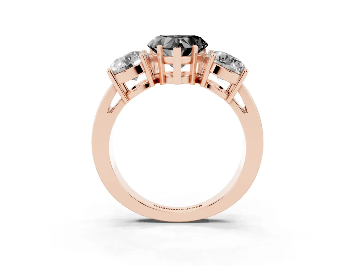Fancy Black Three-Stone Heart Cut Diamond Ring with Round Side Stones, Classic Band, and Four-Prong Setting Rose gold