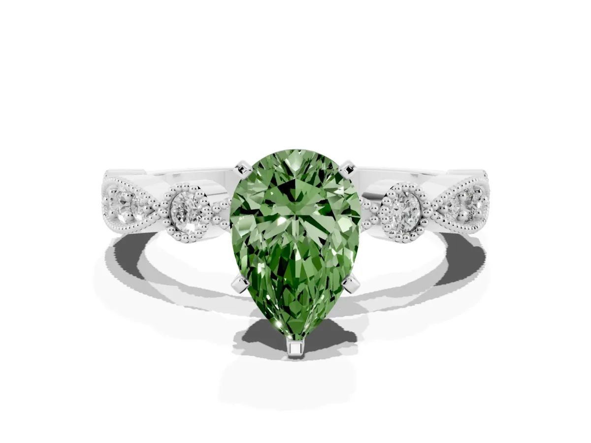 Fancy Green Pear Cut Milgrain Bezel Diamond Engagement Ring with Solitaire Prong Setting Silver