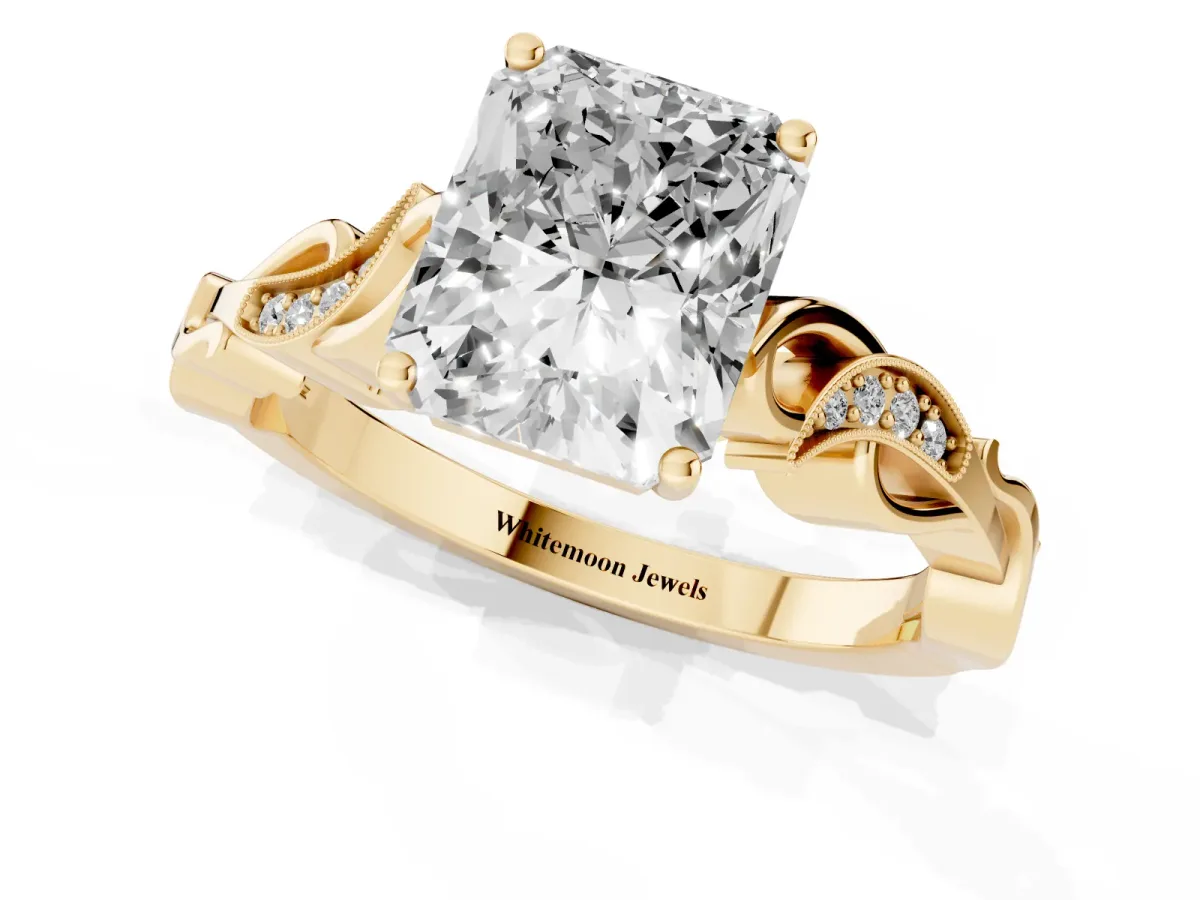 Radiant Cut Solitaire Vine Band with Milgrain Prong Setting Yellow gold