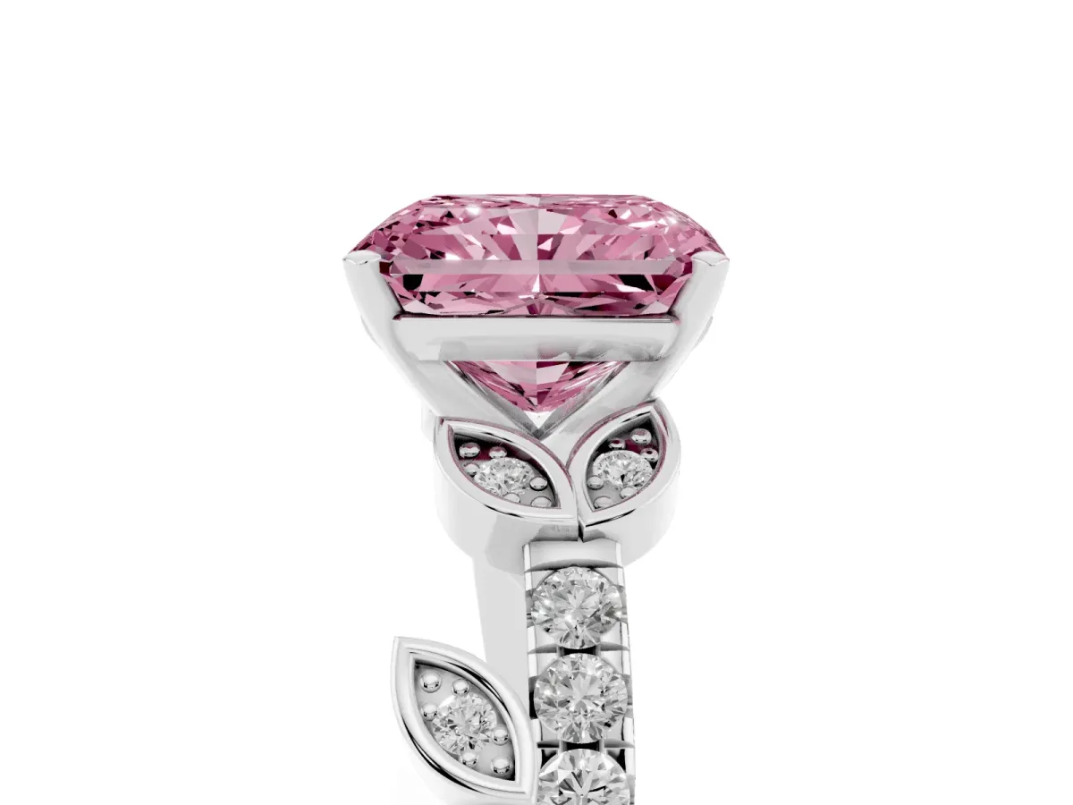 Fancy Pink Radiant Cut Solitaire Leaf-Inspired Diamond Ring with Pavé Band and Four-Prong Setting Silver