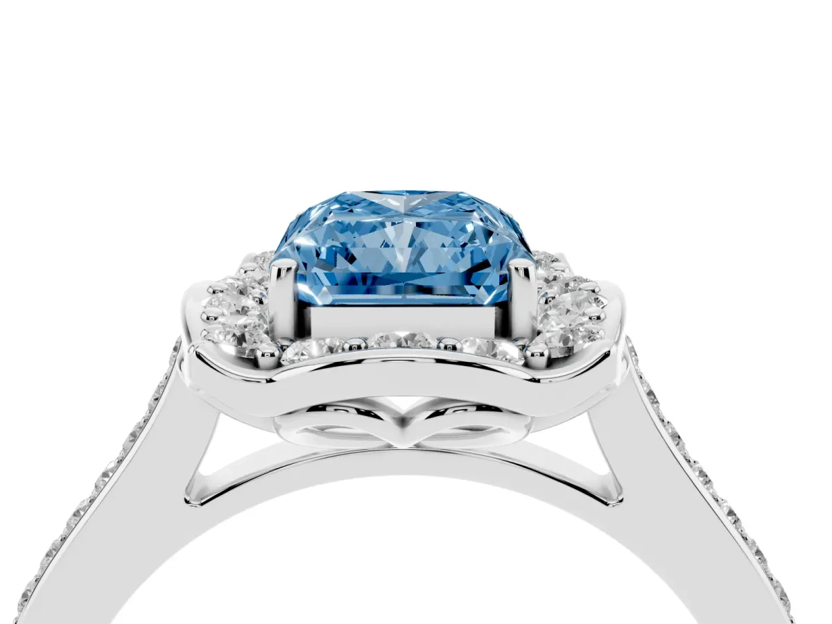 Fancy Blue Radiant Cut Halo Round Diamond Pave Band with Four-Prong Setting White gold