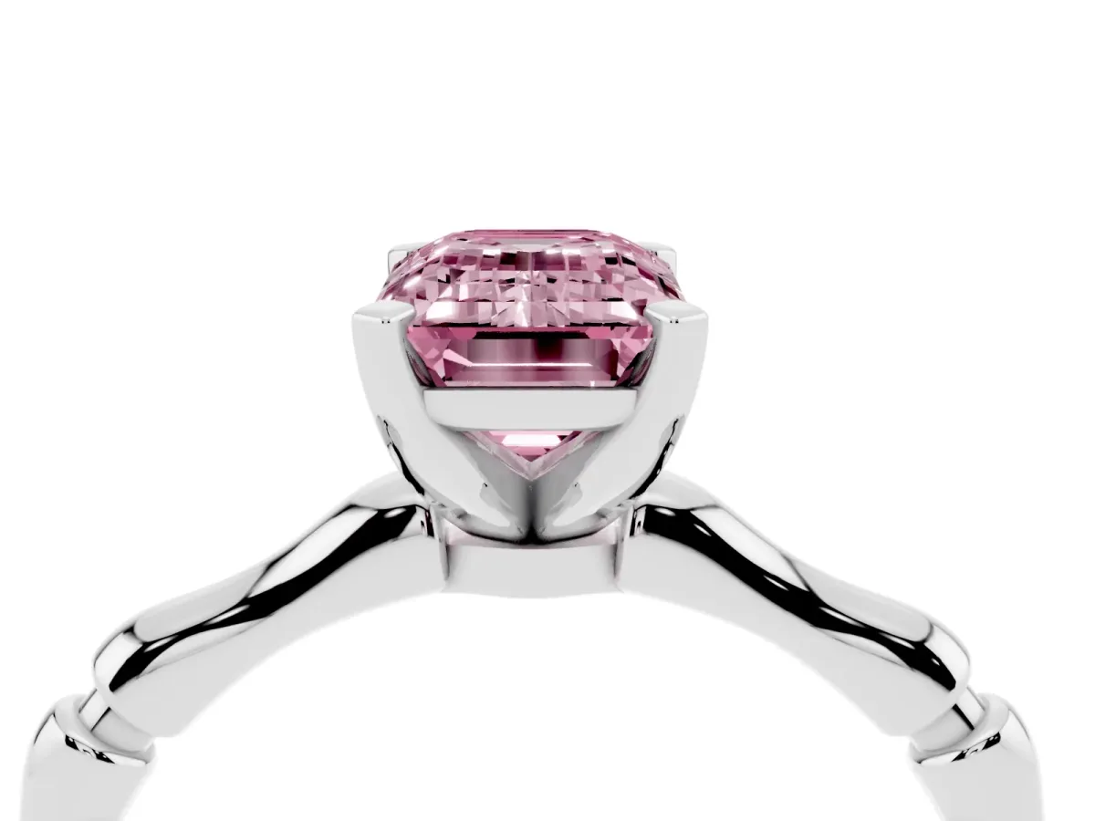 Fancy Pink Emerald Cut Solitaire Diamond Ring with Bamboo Band and Four-Prong Setting Silver