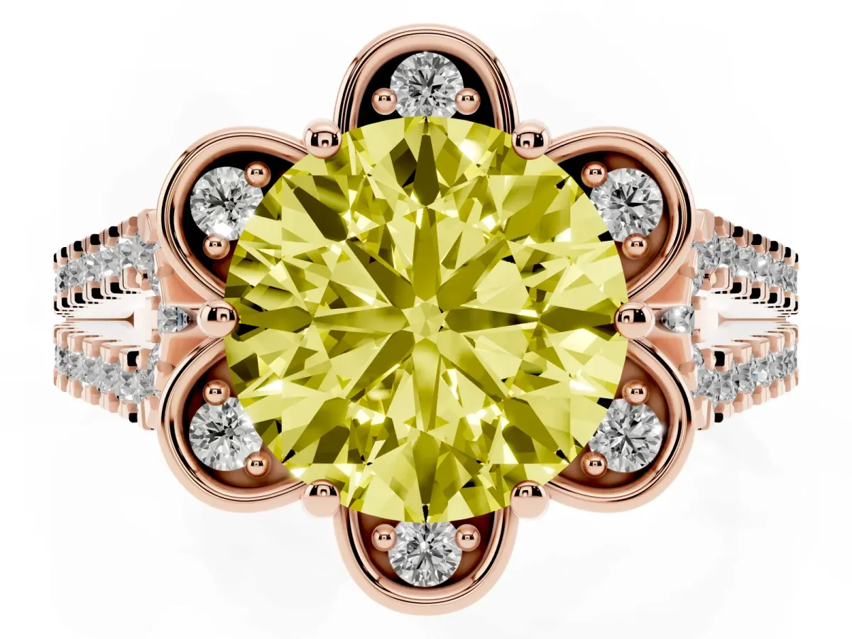 Fancy Yellow Round Cut Halo Diamond Floral Split Shank Engagement Ring Rose gold