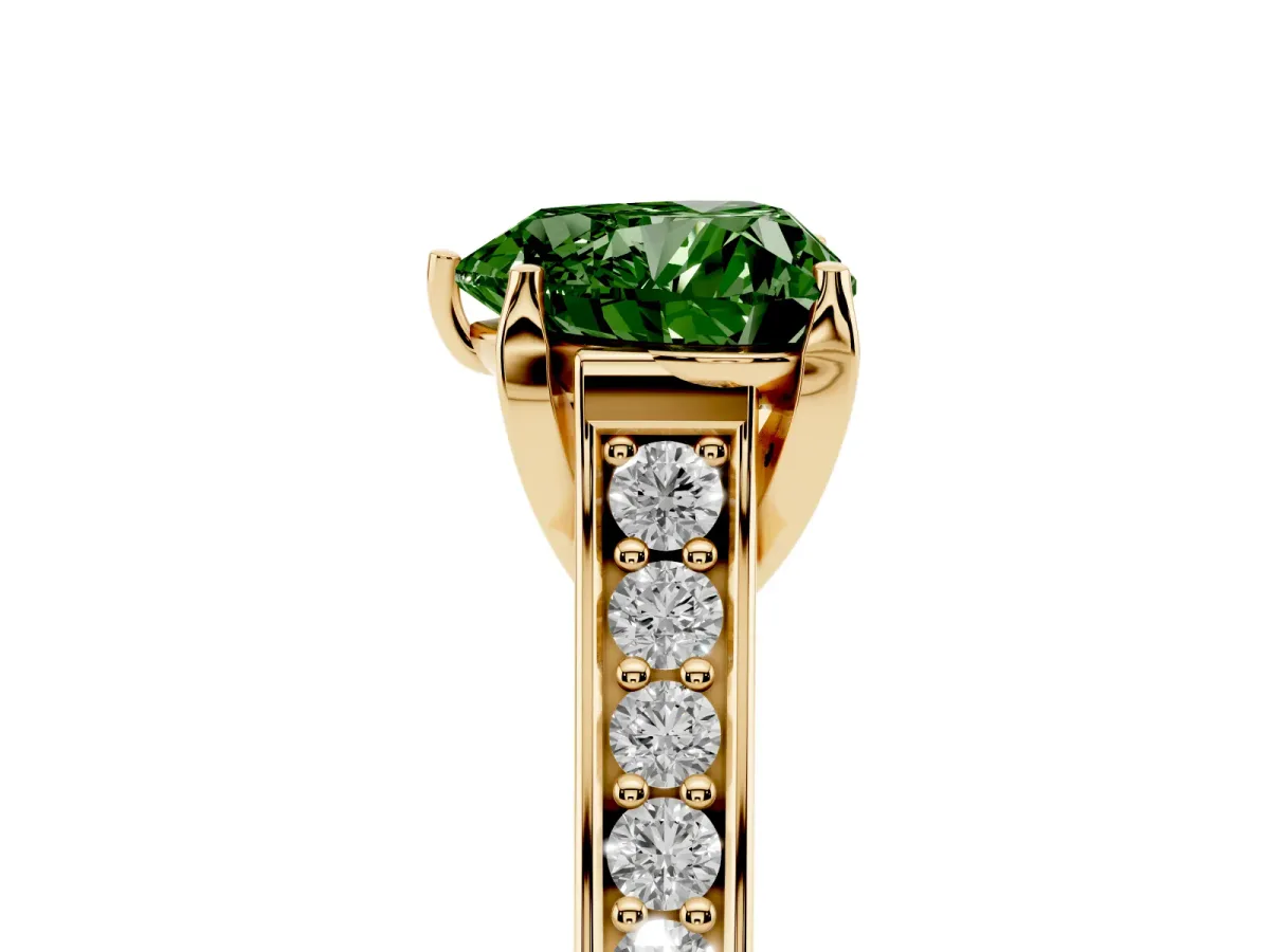 Fancy Green Heart Cut Brilliant Cut Diamond Engagement Ring with Pavé Band and Four-Prong Setting Yellow gold