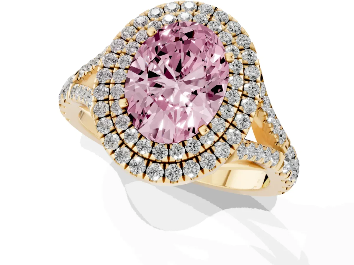 Fancy Pink Double Halo Oval Cut Diamond Split Shank Engagement Ring with Four-Prong Setting Yellow gold