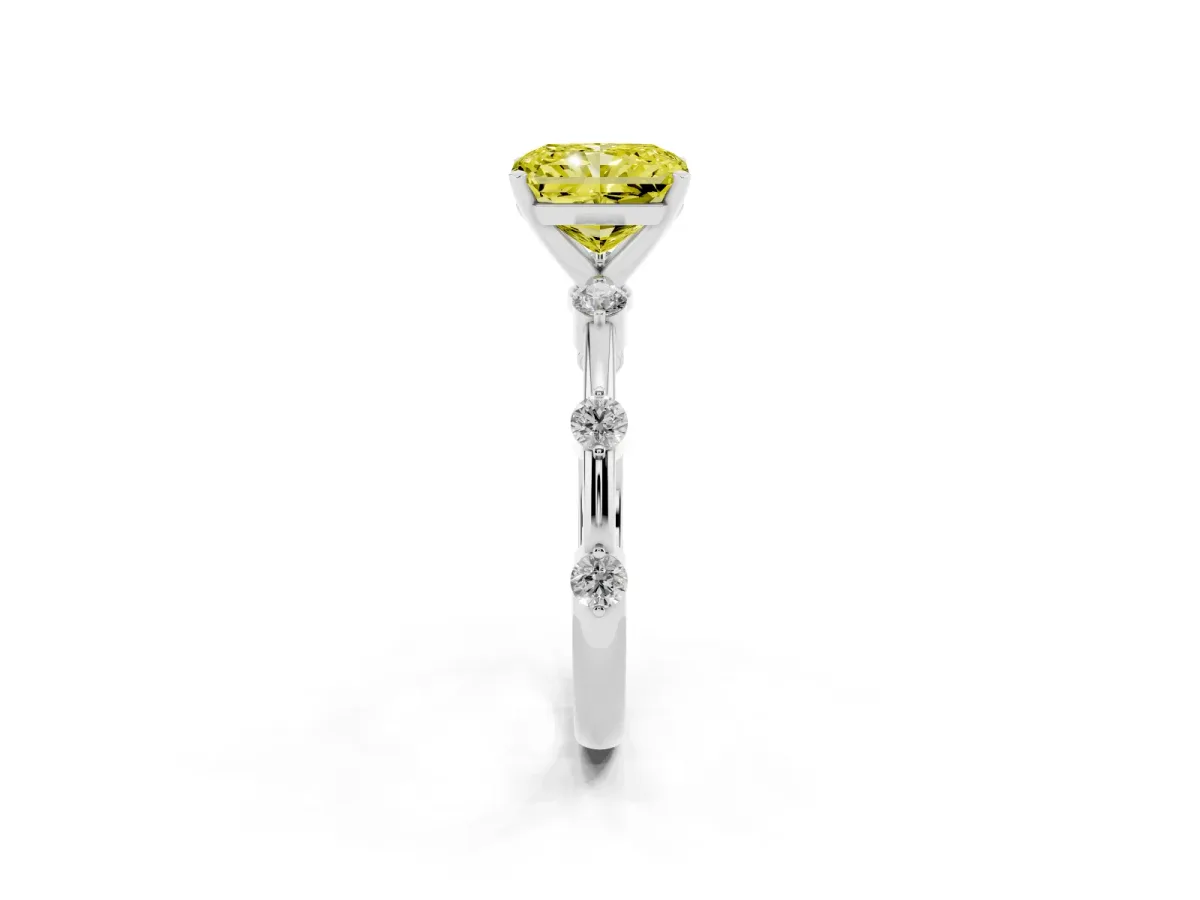 Fancy Yellow Radiant Cut Solitaire Diamond Ring with Bezel Set Side Stones and Prong Setting Silver
