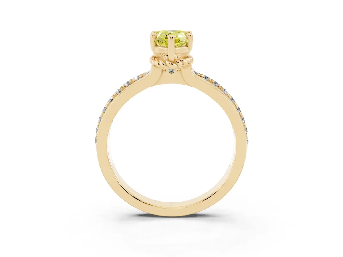 Fancy Yellow Pear Cut Solitaire Diamond Ring with Channel Set Band and Six-Prong Setting Yellow gold