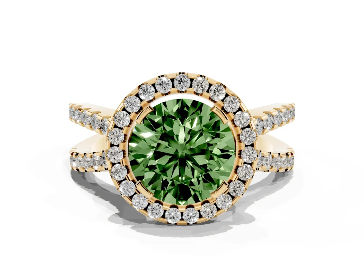 Fancy Green Round Cut Diamond Halo Ring with Split Shank Pavé Band and Prong Setting Yellow gold