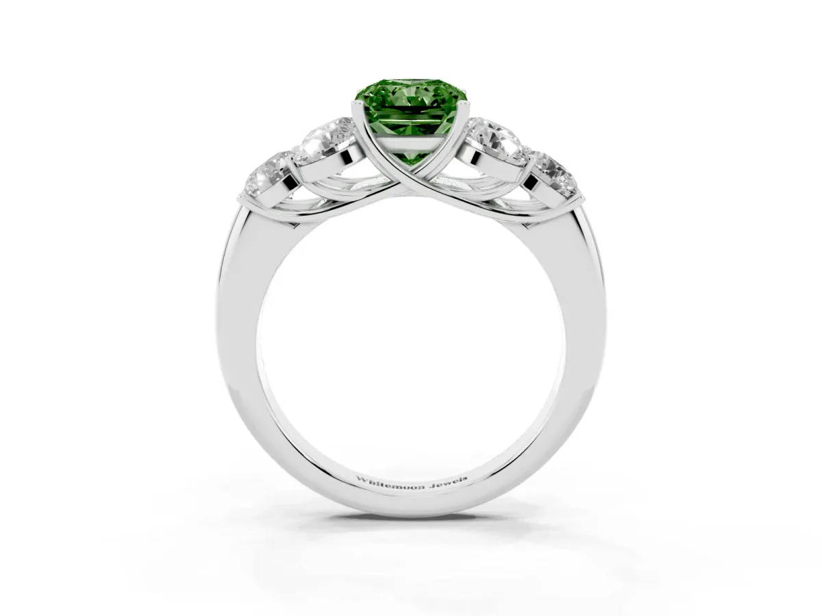 Fancy Green Radiant Cut Cut Diamond Cluster Ring with Round Accent Stones and Prong Setting on a Classic Band Silver